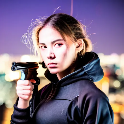 Image similar to photographic portrait of a techwear woman holding a shotgun, closeup, on the rooftop of a futuristic city at night, sigma 85mm f/1.4, 4k, depth of field, high resolution, 4k, 8k, hd, full color