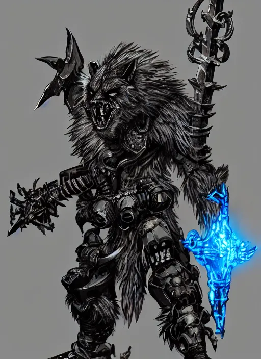 Image similar to Full body portrait of a scary gnoll wolf man. Armour made of human skulls. Giant War Scythe. Glowing blue eyes In style of Yoji Shinkawa and Hyung-tae Kim, trending on ArtStation, dark fantasy, great composition, concept art, highly detailed.