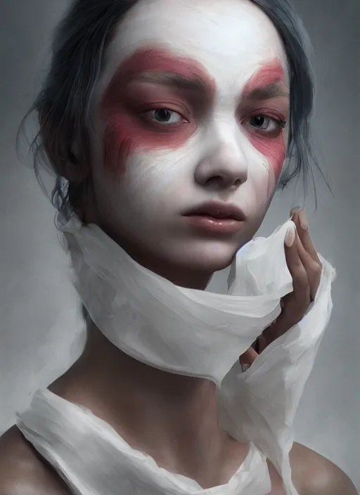 Image similar to portrait of beautiful girl with full pouty lips, skeksis, white face paint, bandaged nose, expressive eyes, fullbody, translucent skin, procedural rendering, greg rutkowski, charlie bowater, yuumei, yanjun cheng, unreal 5, daz, hyperrealistic, octane render, rpg portrait, dynamic lighting, fantasy art, beautiful face