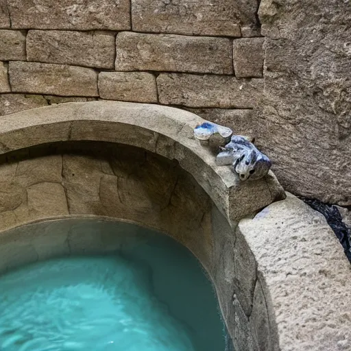 Prompt: A great round hole gaped in the side of a lofty stone wall, and from it came an unceasing drip, drip of water. The pool below was very wide and darkly deep, with secretive fish swimming in shadowed mystery, but never coming to the surface.