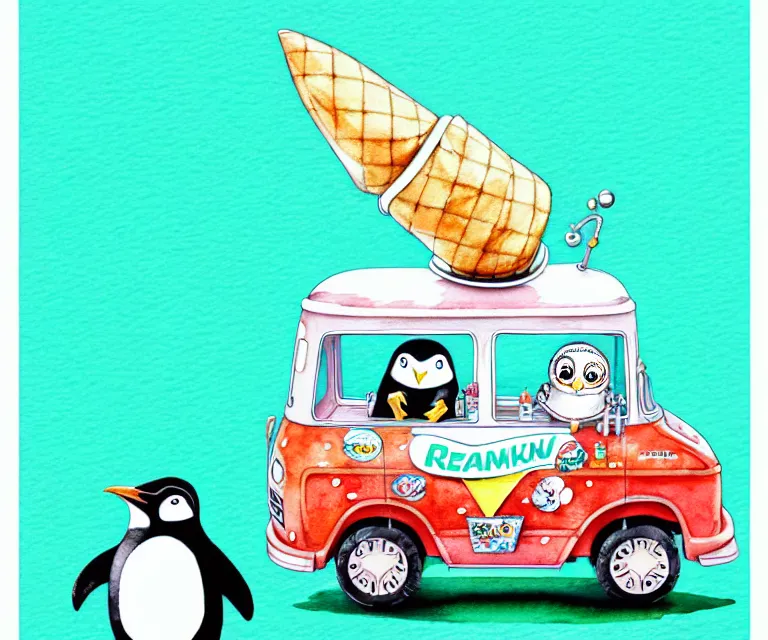 Image similar to cute and funny, penguin riding in a tiny ice cream truck with an oversized engine, ratfink style by ed roth, centered award winning watercolor pen illustration, isometric illustration by chihiro iwasaki, edited by range murata, tiny details by artgerm and watercolor girl, symmetrically isometrically centered, sharply focused