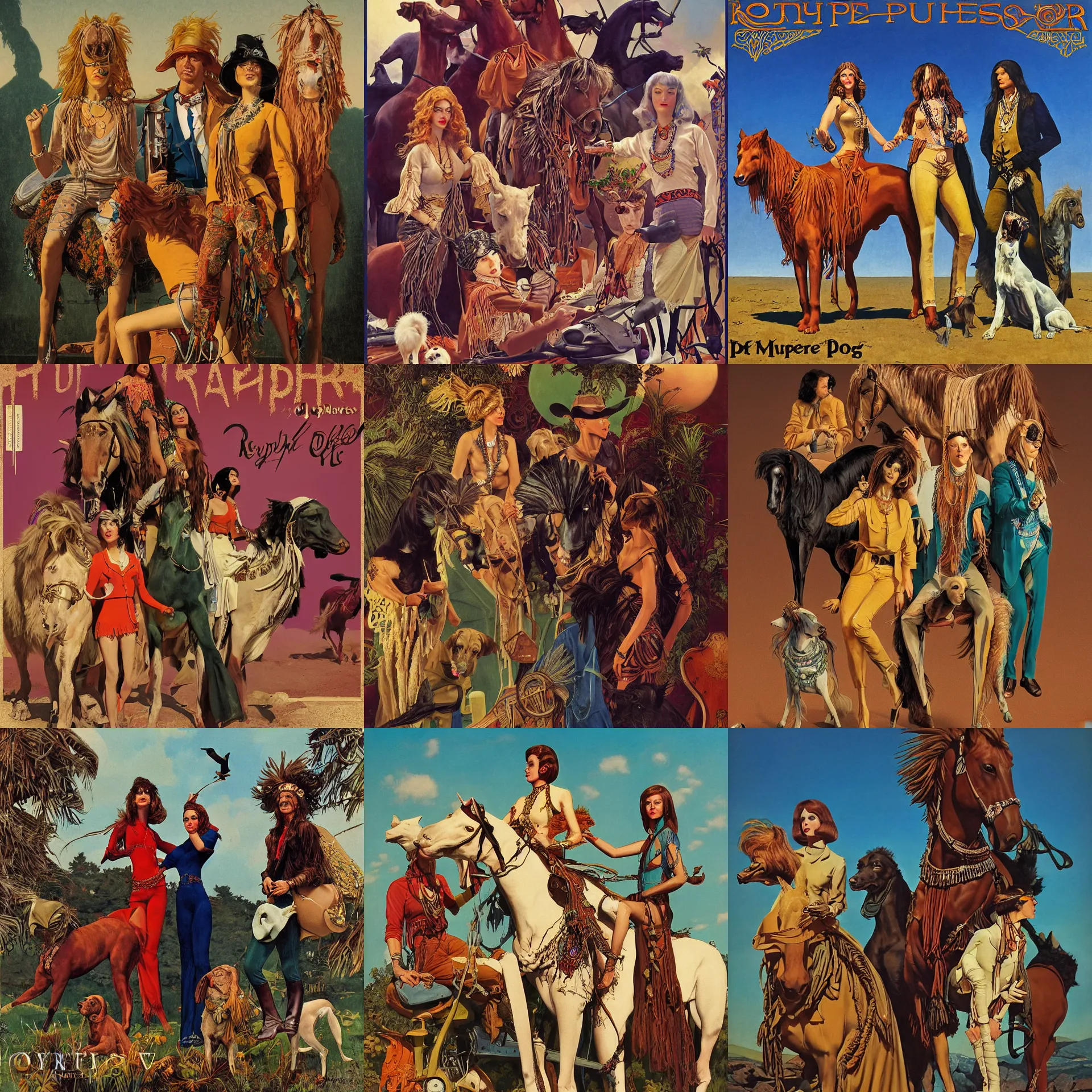 Image similar to pulp art, artwork by Joseph Leyendecker and Robert McGinnis and Alfred Henry Maurer, 3d octane blender render, Hippie and boho fashion 1970s, horses, dogs, birds, progressive rock album cover