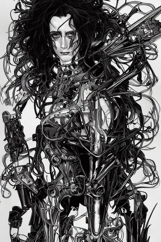 Prompt: comic book illustration, portrait of Edward Scissorhands, cyberpunk concept art by artgerm and Alphonse Mucha and Moebius, highly detailed, intricate, sci-fi, sharp focus, Trending on Artstation HQ, deviantart