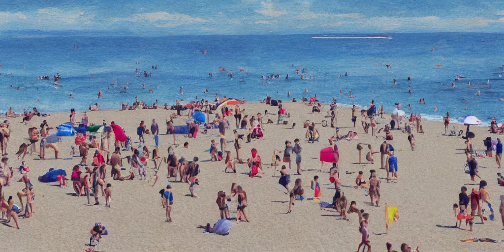 Prompt: Extremely detailed wimmelbilder picture of people at the beach