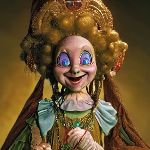 Prompt: princess mombi from return to oz with her head held up high in her hands with a wicked grin on her decapitated face 4 k photorealism
