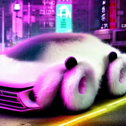 Prompt: a very fluffy roadster covered with lots of white fur and in the style of a panda, parking in the street, Cyberpunk, neon light, 4k, hd, highly detailed, full front view,