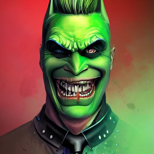 Image similar to the riddler wearing the dark knight mask, snarling teeth, digital painting, amazing detail, art station, cgsociety