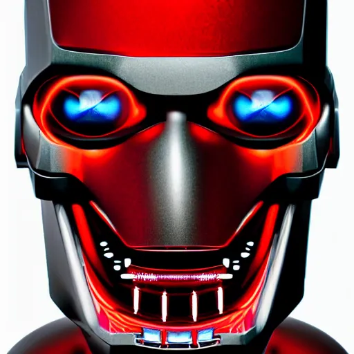 Prompt: portrait of a menacing evil villain robot, glowing dark red eyes, metal teeth, striking, Terminator, Ultron, sci-fi, facial features, skull shape, circuitry, C-3PO