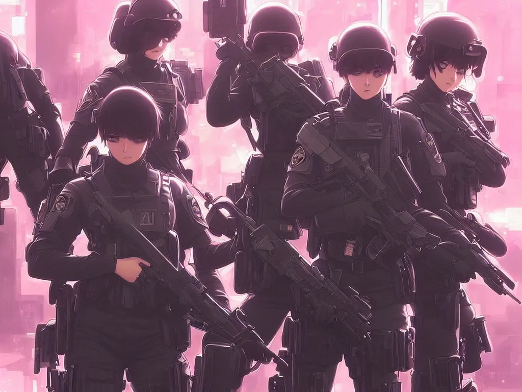 Image similar to anime key visual of a team of multiple female swat officer ready to attack, neon, cyberpunk, futuristic, stunning, highly detailed, digital painting, smooth, soft focus, illustration, movie poster, japanese typography, digital art from artstation by artgerm and greg rutkowski and alphonse mucha