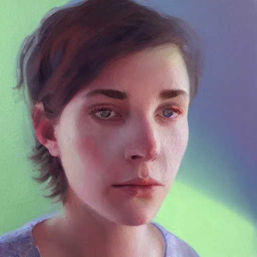 Prompt: woman with freckles, short brown hair, green eyes, wearing a grey sweatshirt, trending on artstation, oil painting, volumetric light