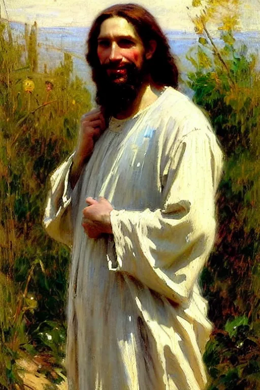 Image similar to impressionist brushstrokes!!!!!!!!! solomon joseph solomon and richard schmid and jeremy lipking victorian loose genre loose painting full length portrait painting of jesus with a slight smile happy inviting