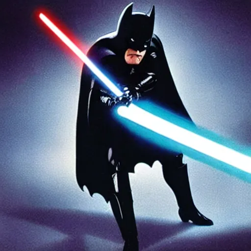 Prompt: photograph of batman engaging in a lightsaber battle in star wars 2 0 0 5