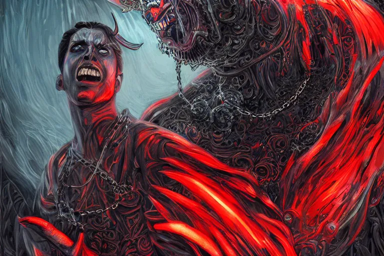 Image similar to lucifer, dark angel, demon, satan, red eyes, chain, handcuffs, large chain, wide open mouth, scream, cruelty, light effect, hyper detailed, intricate, elegant, highly detailed, digital painting, artstation, concept art, matte, sharp focus, illustration, by dan mumford, yusuke murata, makoto shinkai, ross tran