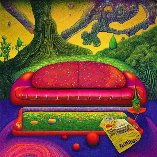 Image similar to psychedelic couch sofa in the lush forest, guitar, milky way, designed by moebius, rob gonsalves, gustav dore, giuseppe arcimboldo and carl barks, louis wain, trending on artstation, canada, star, sharp focus, colorful refracted sparkles and lines, soft light, 8 k 4 k