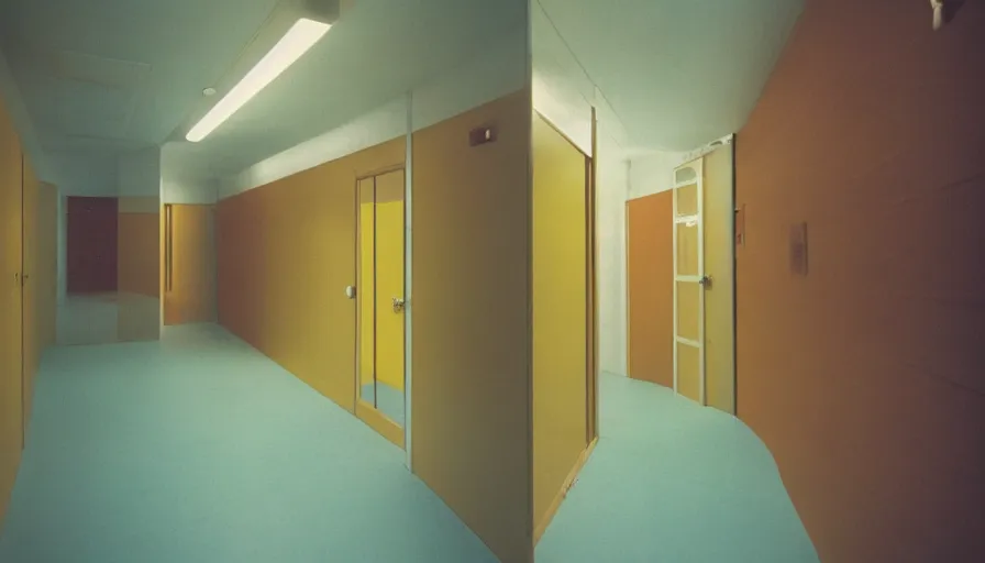 Image similar to 60s movie still of an empty sauna corridor fade yellow light and light blue tiles floor, cinestill 800t 50mm eastmancolor, liminal Space style, heavy grain