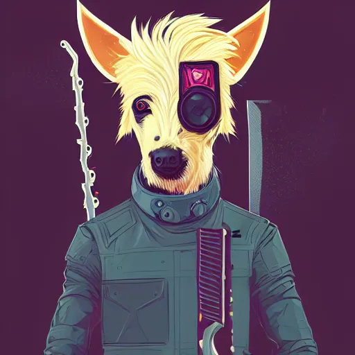 Prompt: a portrait of an anthropomorphic cyberpunk blond terrier! holding a chainsaw, fantasy, elegant, digital painting, artstation, concept art, matte, sharp focus, illustration, art by josan gonzalez
