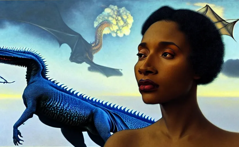 Prompt: realistic detailed photorealistic film close up portrait shot of a beautiful black woman with, sci-fi landscape with a drogon on background by Denis Villeneuve, Amano, Yves Tanguy, Alphonse Mucha, Ernst Haeckel, Andrei Tarkovsky, Edward Robert Hughes, Roger Dean, rich moody colours, wide angle, blue eyes