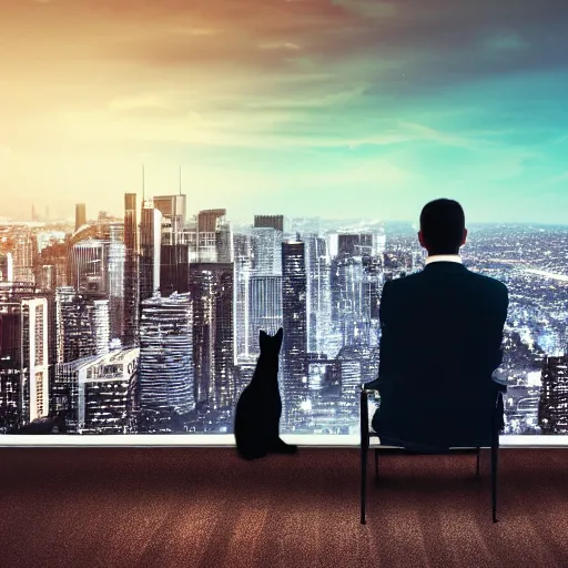 Image similar to a cat in business attire looking out at a city skyline, pondering life, movie still, uhd, 8k,