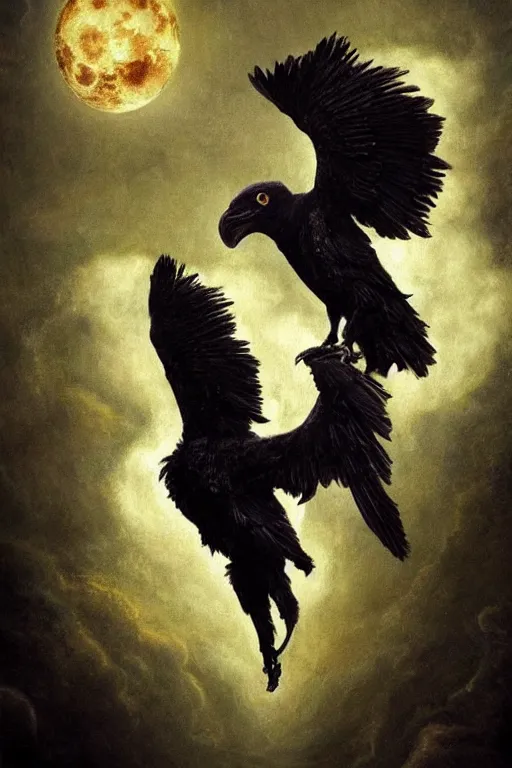 Image similar to Intricate stunning highly detailed surreal ravens by agostino arrivabene and Seb McKinnon, sculpture, ultra realistic, Horror vacui, full moon, thick swirling smoke tornado, fire embers, trending on artstation