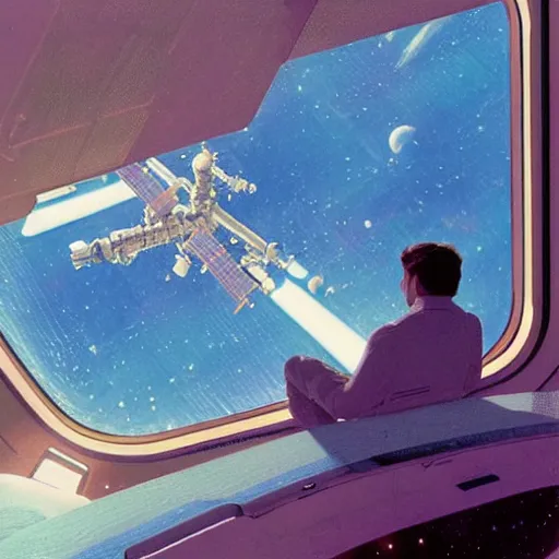 Image similar to aboard the international space station, teal lighting, cozy lighting, space seen outside from a window, by Syd Mead, John Harris, Federico Pelat