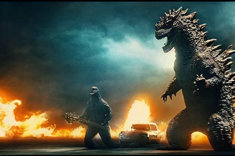 Image similar to godzilla playing the drumset, rock music, concert lights, dynamic photo, still shot from the new godzilla movie