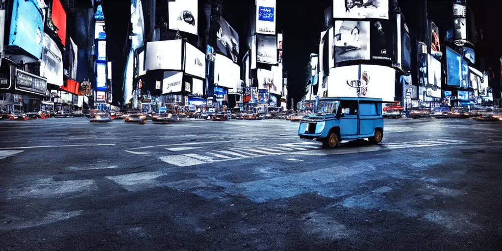 Prompt: a blue and white tuk tuk in Times Square at night, dream-like heavy atmosphere, dark baroque painting, beautiful, 8K artistic photography, photorealistic, dramatic volumetric cinematic perfect light, chiaroscuro, award-winning photograph, masterpiece, Raphael, Caravaggio, Beksinski, Giger, 4k