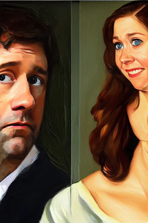 Image similar to portrait painting of jim halpert and pam beesly, in the style of caravaggio