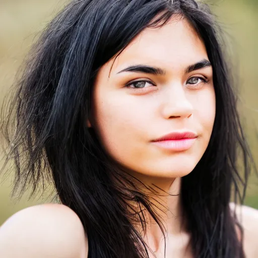 Image similar to young woman with shoulder - length messy black hair, slightly smiling, 1 3 5 mm nikon portrait