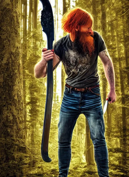 Prompt: grungy redhead 30-something scruffy bearded shoulder-length hair swordsman holding a short curved sword in a ultradetailed pacific northwest redcedar forest, smooth. sharp focus, grunge dingy high quality digital art detailed,