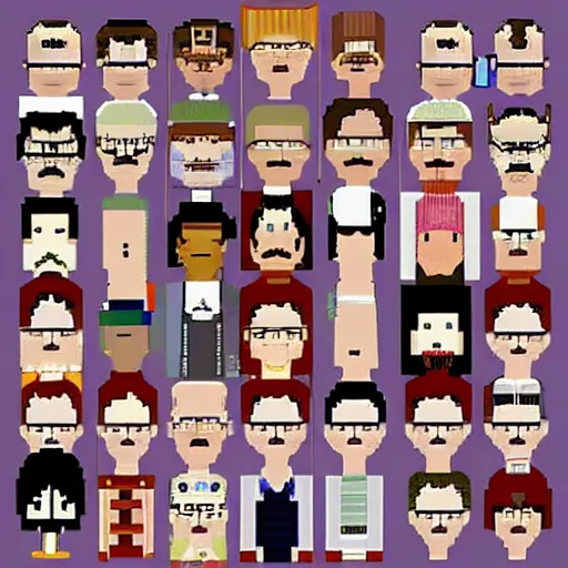 Prompt: Pixel art of The Royal Tenenbaums cast