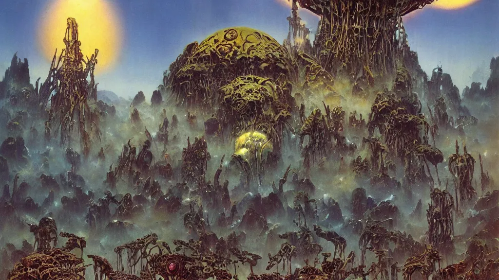 Image similar to surreal eerie alien planet empire with strange biomechanical plants by frank frazetta and bruce pennington, cinematic matte painting