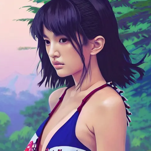 Image similar to a beautiful young japanese natalie portman alluring gravure model, stylized concept art, wearing elegant designer bomber jacket and one piece bikini, bomber jacket with mesoamerican patterns, mesoamerican native street fashion, princess mononoke, painted by ilya kuvshinov aesthetic, gorgeous, stunning, alluring, attractive, artstation, pinterest, digital art