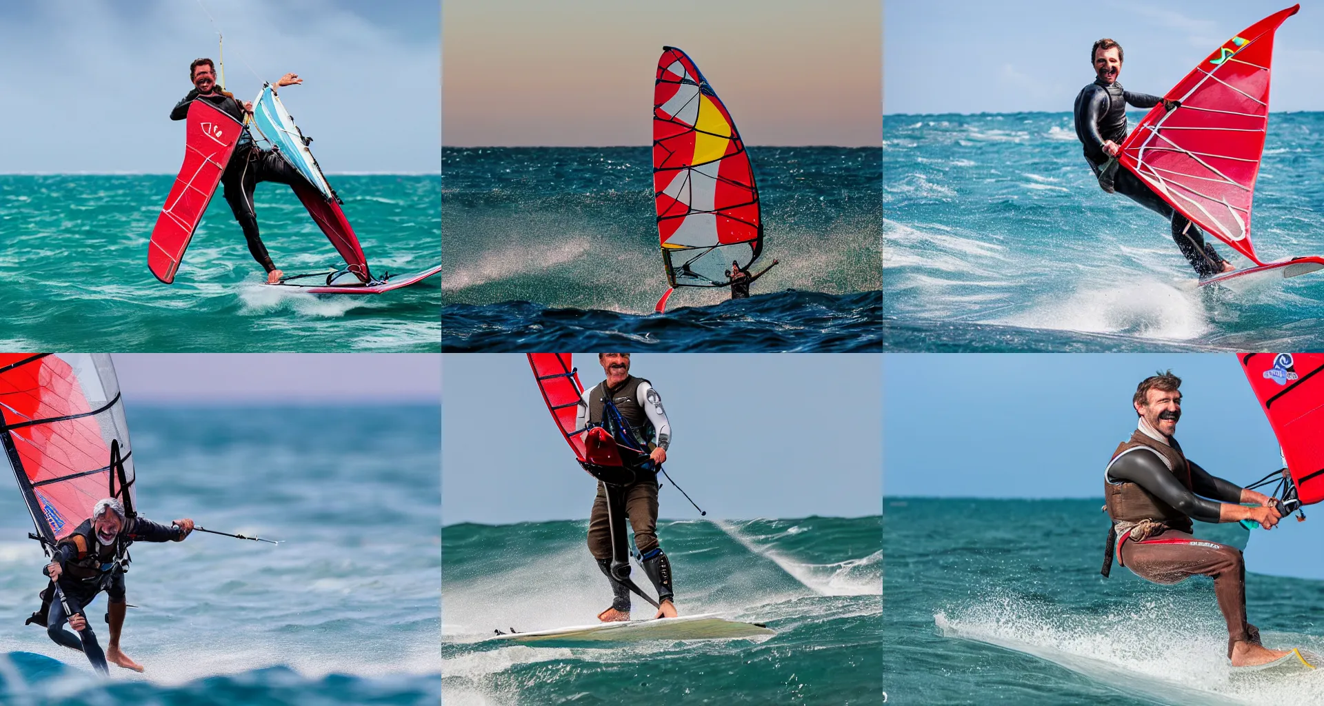 Prompt: daniel plainview smiling and windsurfing, highly detailed, 4 k photography, great quality,