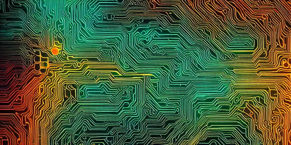 Image similar to rainbow hued circuitry, the neural pathways of AI. Shiny tech aesthetic, trending on behance