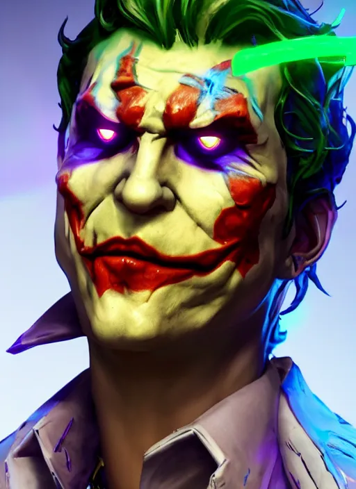 Image similar to glowwave portrait of joker from borderlands 3, heri irawan, hyper detailed, digital art, trending in artstation, cinematic lighting, studio quality, smooth render, unreal engine 5 rendered, octane rendered, art style by klimt and nixeu and ian sprigger and wlop and krenz cushart.