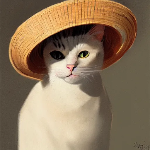 A portrait of a cat wearing a small vietnamese straw, Stable Diffusion