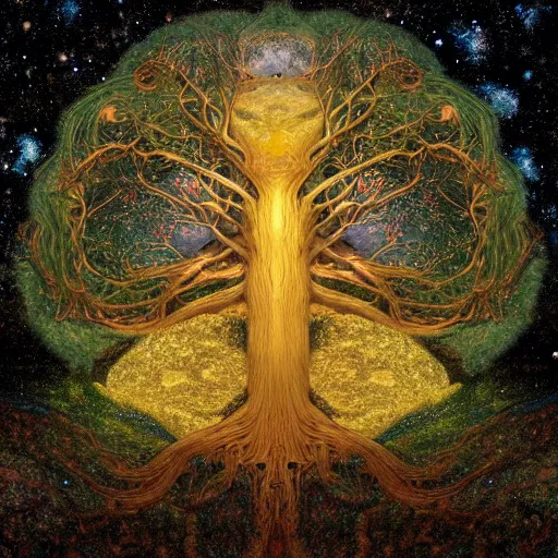 Prompt: a cosmic yggdrasil with galaxies hanging from the branches by thomas cole and gustav klimt, digital art, artstation, low angle, high detail, intricate, white wood,