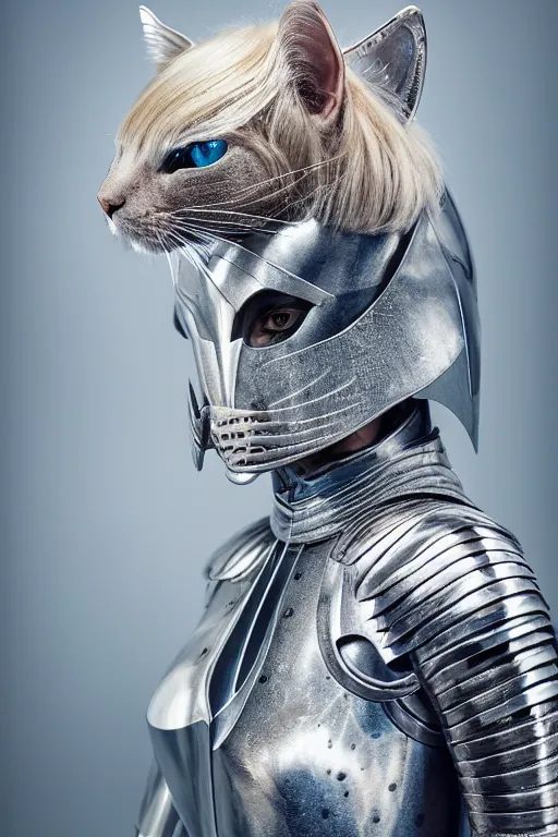 Image similar to female knight wearing a real cat on her head, armor designed by wayne barlowe, swarovski and tiffany, blonde hair, symmetry, sci - fi, cinematic, elegant, luxury, perfect light, perfect composition, dlsr photography, sharp focus, dark fantasy, 4 k, ultra hd, sense of awe, highly detailed, realistic, intricate