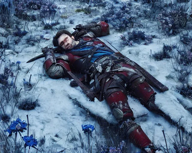 Image similar to Highly realistic oil painting of a wounded knight lying in the snow, surrounded by blue flowers, blood on flowers, by greg rutkowski, highly detailed, cinematic lighting, moody, dark