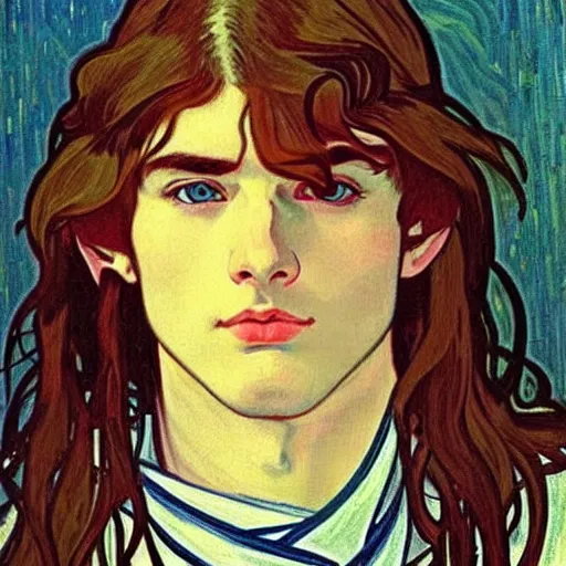 Image similar to portrait painting of young handsome beautiful paladin elf!! man with long! wavy dark hair in his 2 0 s named taehyung adam at the blueberry party, wearing armor!, long hair, elf ears, blue eyes, blueeyes!, elegant, delicate, soft facial features, art, art by alphonse mucha, vincent van gogh, egon schiele,