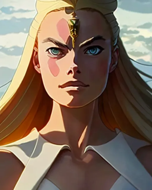 Image similar to azctec warrior, margot robbie, detailed perfect face, exquisite details, fire magic, mid view, design on a white background, by studio muti, greg rutkowski makoto shinkai takashi takeuchi studio ghibli