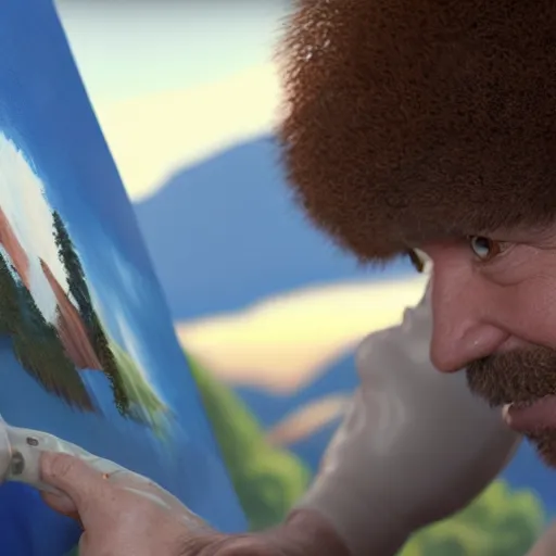 Prompt: a closeup photorealistic photograph of bob ross working on a canvas painting sonic the hedgehog. film still. brightly lit scene. mountain scape. this 4 k hd image is trending on artstation, featured on behance, well - rendered, extra crisp, features intricate detail, epic composition and the style of unreal engine.