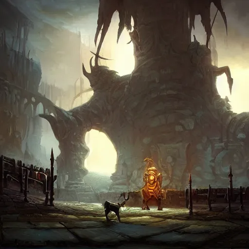 Image similar to The Minotaur End-boss by Tyler Edlin and Raphael Lacoste, fantasy art, maze corridors in the background, wide angle, cinematic composition, dark moody lighting