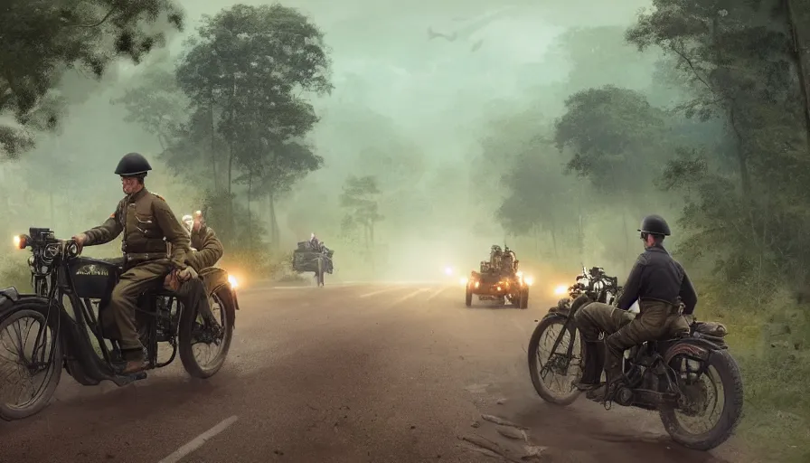 Prompt: a british officer driving a motorcycle at high speed in 1921 in kerala forest road, local people chasing to attack, furious action scene, chase, an epic fantasy, dramatic lighting, cinematic, establishing shot, extremely high detail, photorealistic, cinematic lighting, artstation, by simon stalenhag, uncharted a thief's end