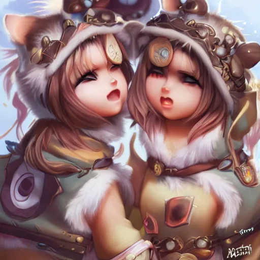 Image similar to high fantasy two cute tanuki girls, by Artgerm, face close up, official media, beautiful, detailed, high quality, 4K, epic, wallpaper, trending on artstation and behance, Gelbooru, Konachan