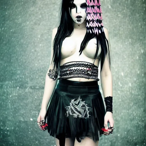 Image similar to kerli koiv goth girl in mini skirt and crop top, intricate, extremely detailed, modeling photography, teen