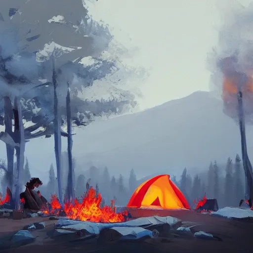 Image similar to a camp with tents on fire, burning down, shadows of 3 girls watching the camp burn, snow, dusk, painted by Sylvain Sarrailh, trending on Artstation