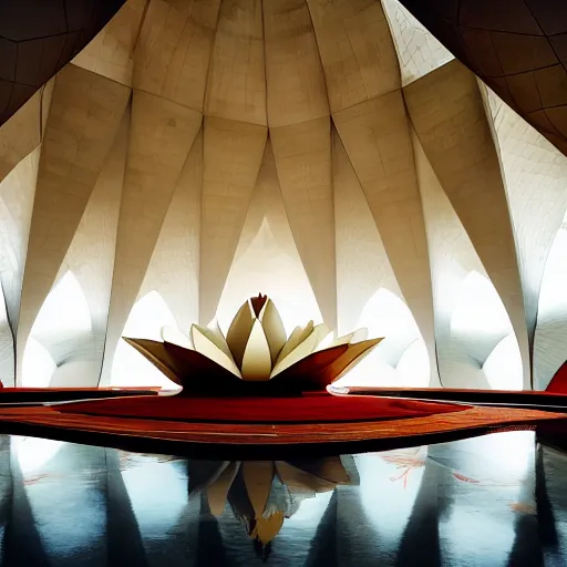 Image similar to interior of a futuristic lotus temple with gold, red and white marble panels, in the desert, by buckminster fuller and syd mead, intricate contemporary architecture, photo journalism, photography, cinematic, national geographic photoshoot