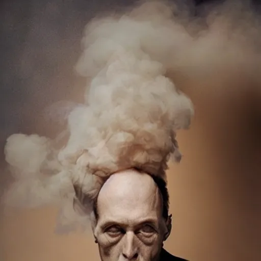 Image similar to artistic annie liebowitz photo of a man who's head is turning into a puff of smoke