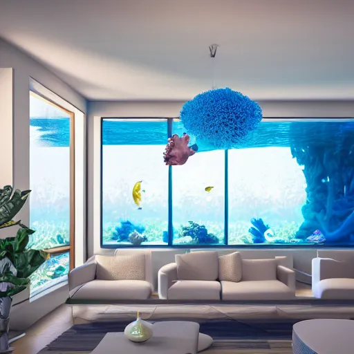 Prompt: the realistic photo of the modern room as aquarium with a chandelier as a big jellyfish, beautiful corals on the walls and sharks in the big panoramic window, a lot of gleans, under the ocean, realistic colors, realistic shadows, daylight made in blender, hd, 3 d by beeple and by greg rutkowski